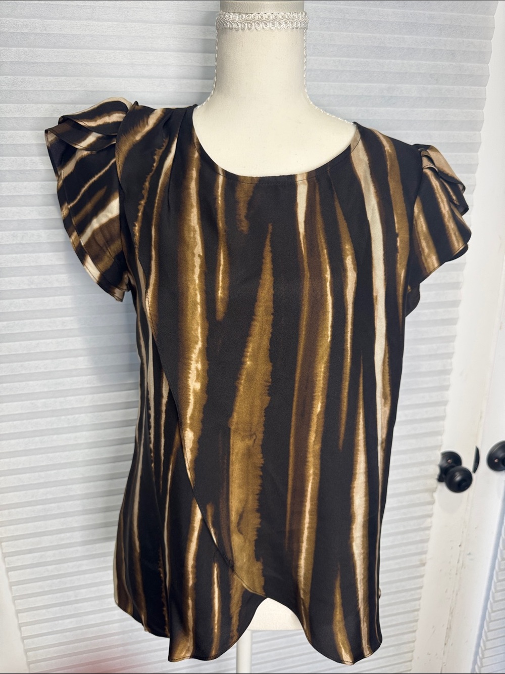 Sea 100% Silk Black and Gold Striped Flutter-Sleeve Blouse 1251